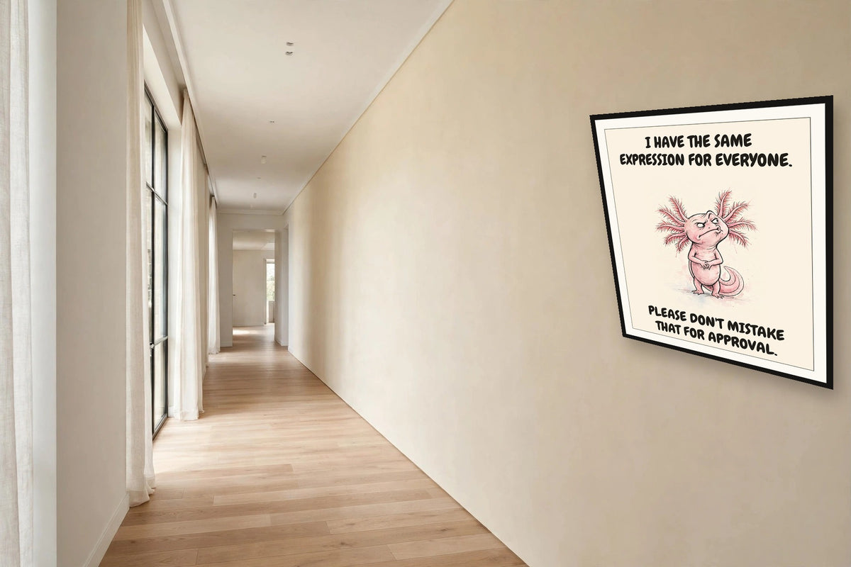 The same print shown hanging in an office — frame for display only, not included