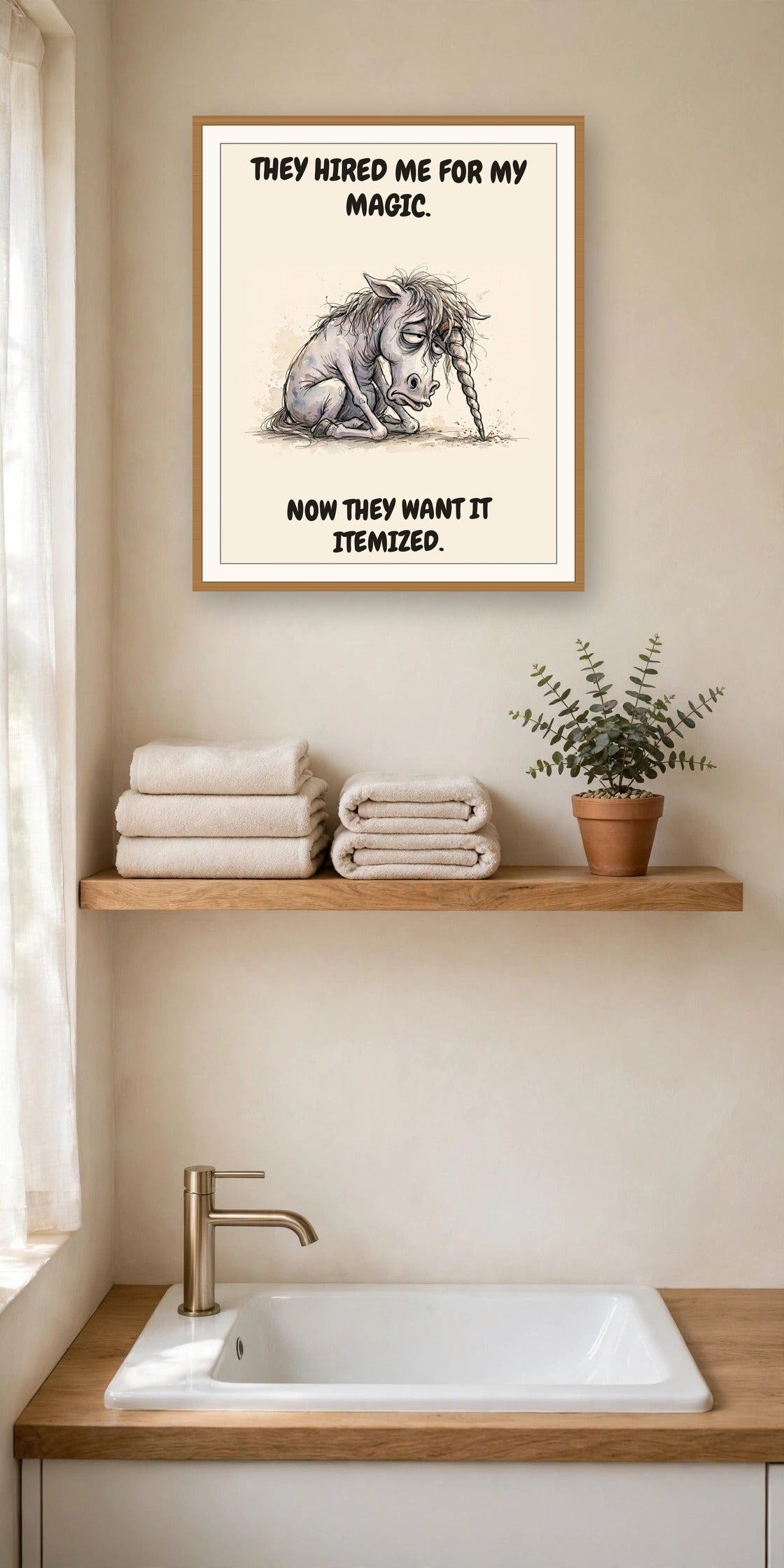 The same print shown hanging in an office — frame for display only, not included