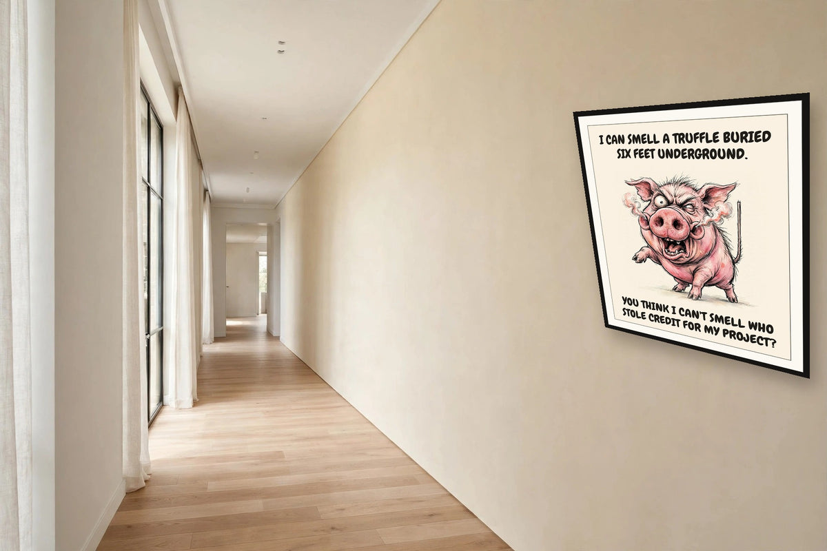 The same print shown hanging in an office — frame for display only, not included