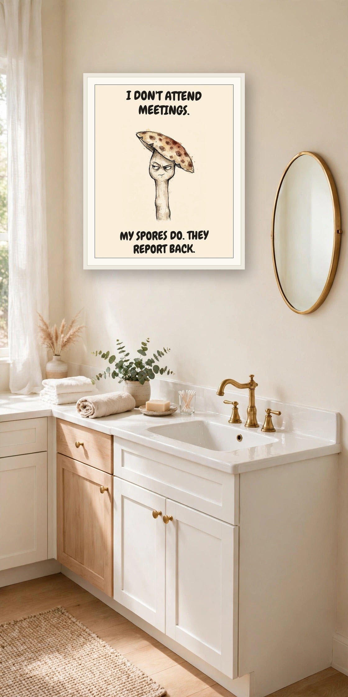 The same print shown hanging in an office — frame for display only, not included