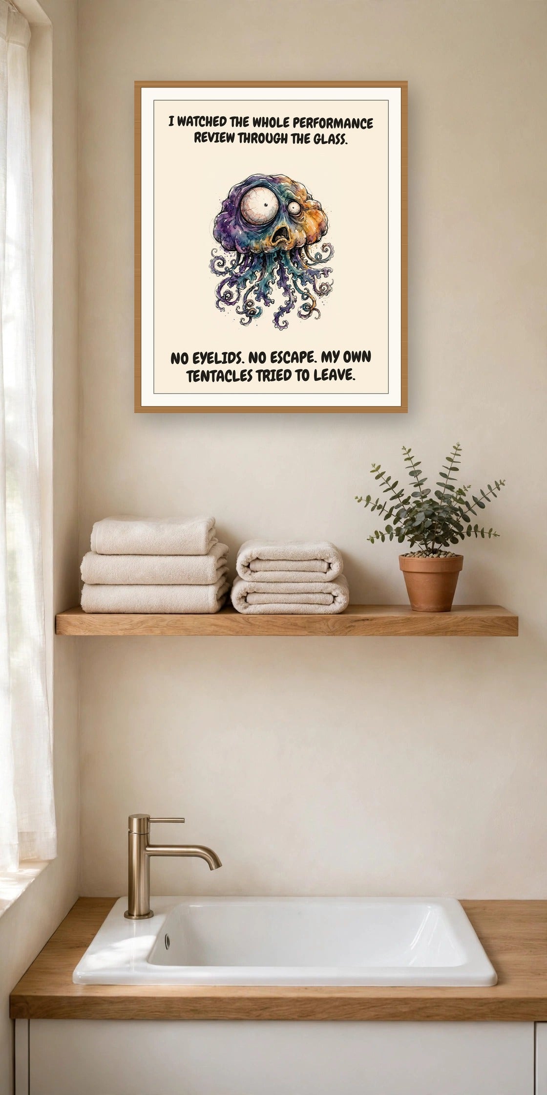 The same print shown hanging in an office — frame for display only, not included