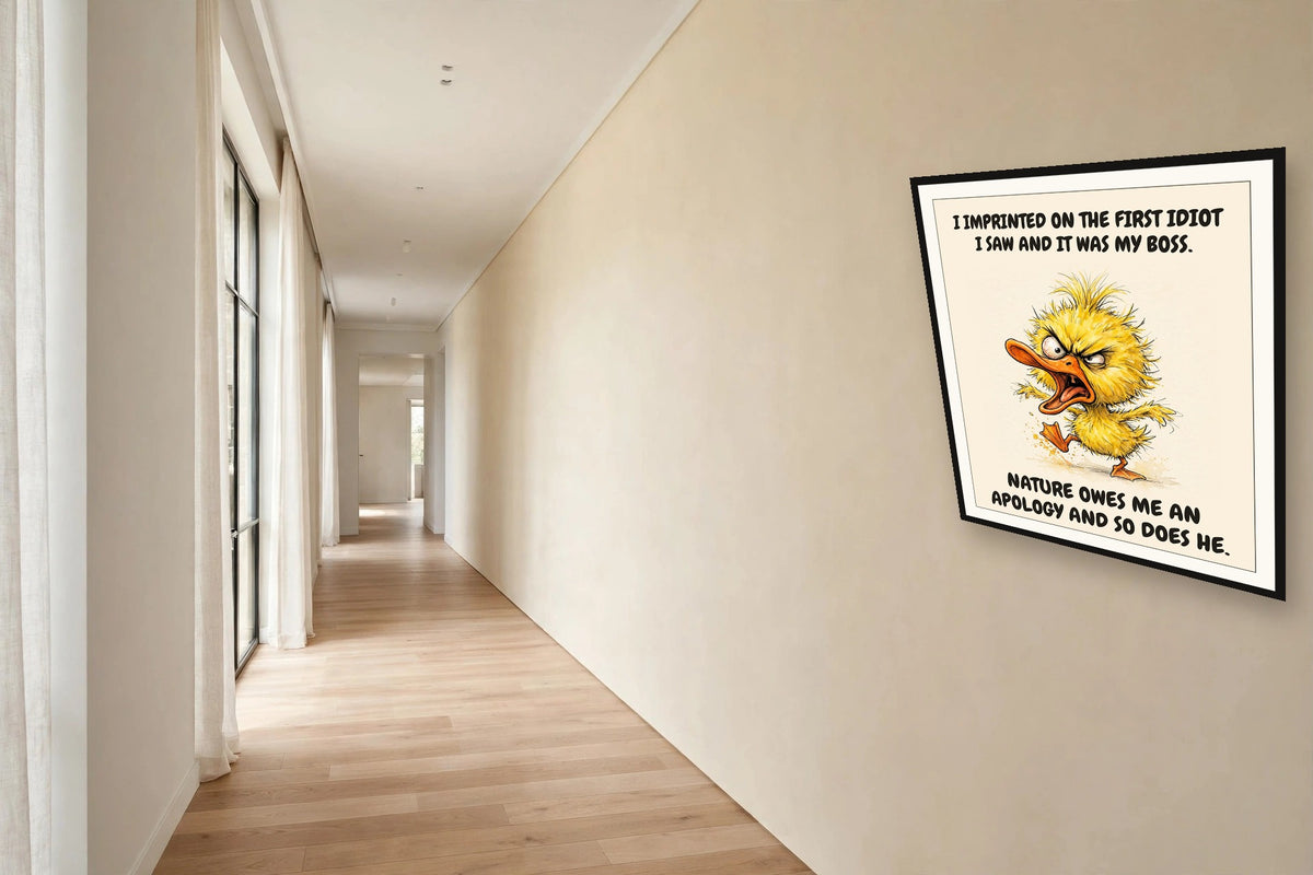 The same print shown hanging in an office — frame for display only, not included