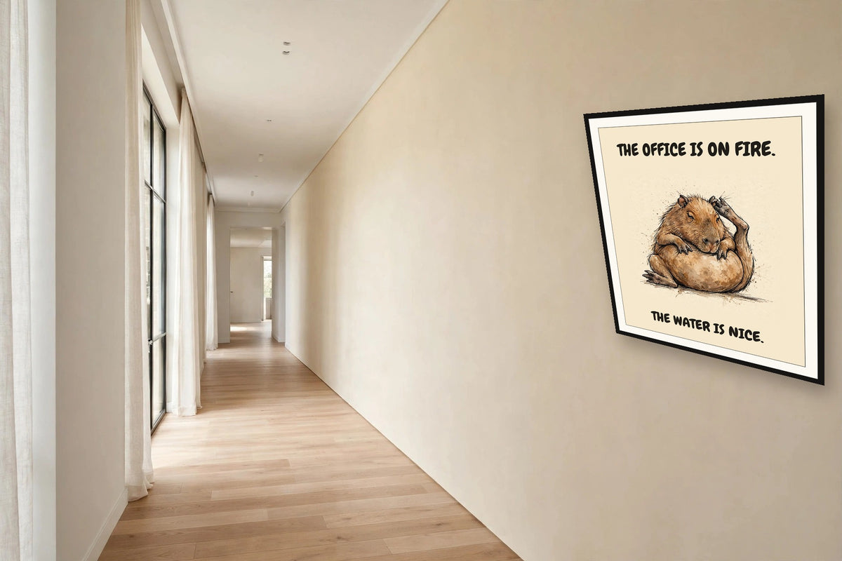 The same print shown hanging in an office — frame for display only, not included