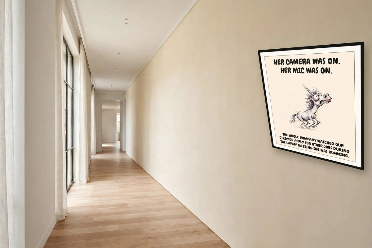 The same print shown hanging in an office — frame for display only, not included