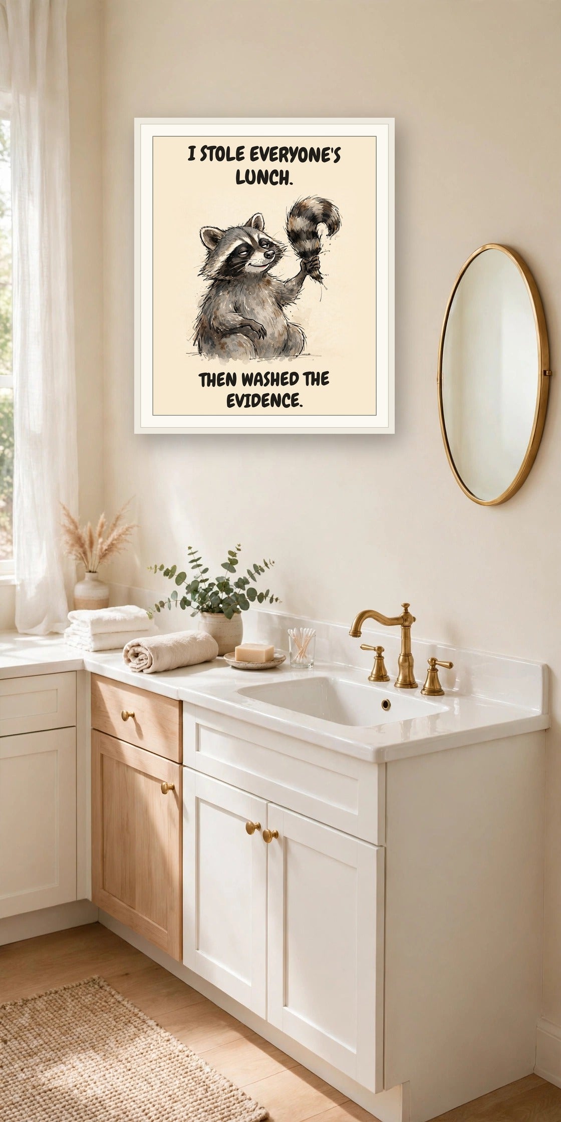 The same print shown hanging in an office — frame for display only, not included