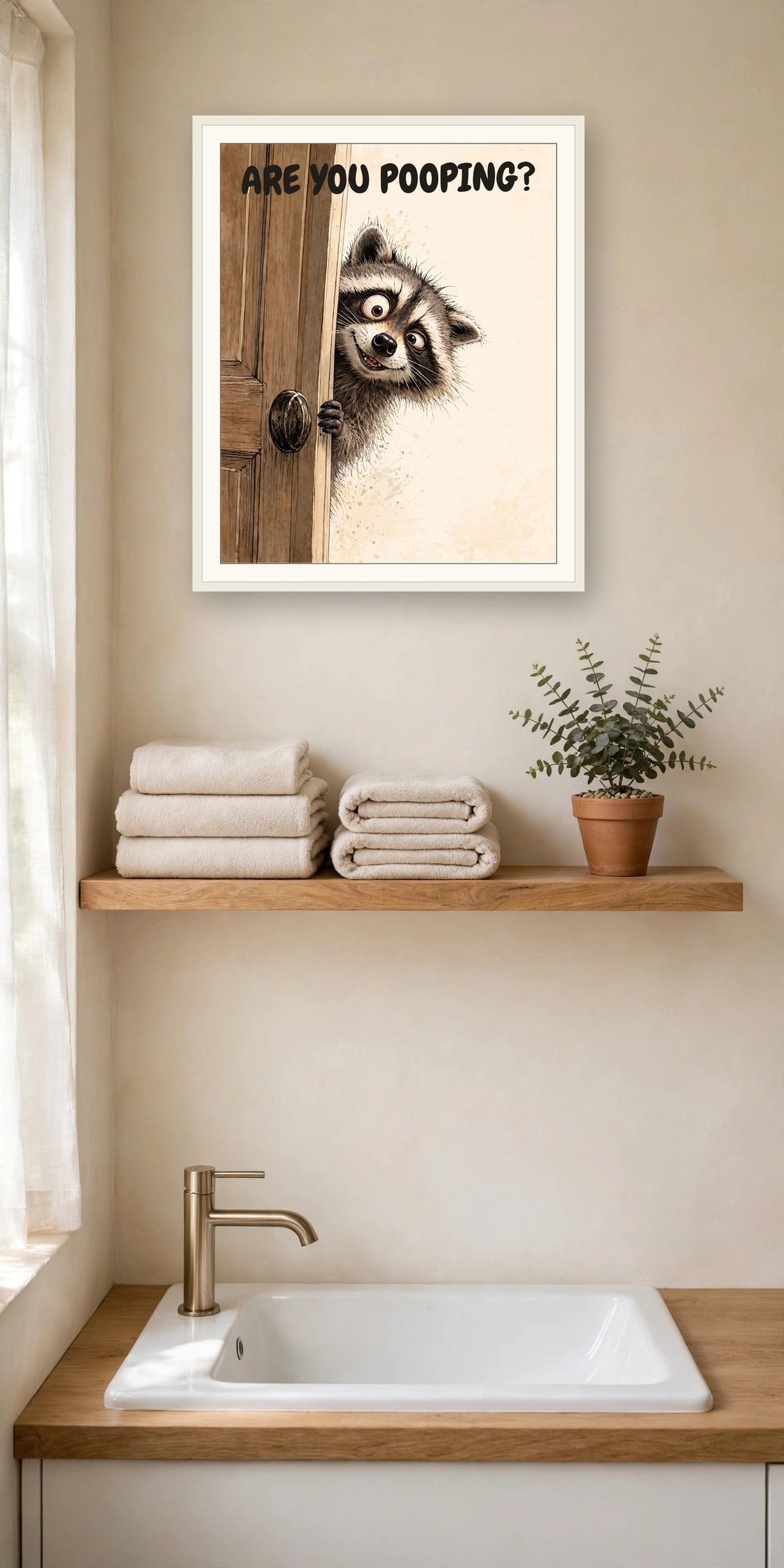 The same print shown hanging in a bathroom — frame for display only, not included