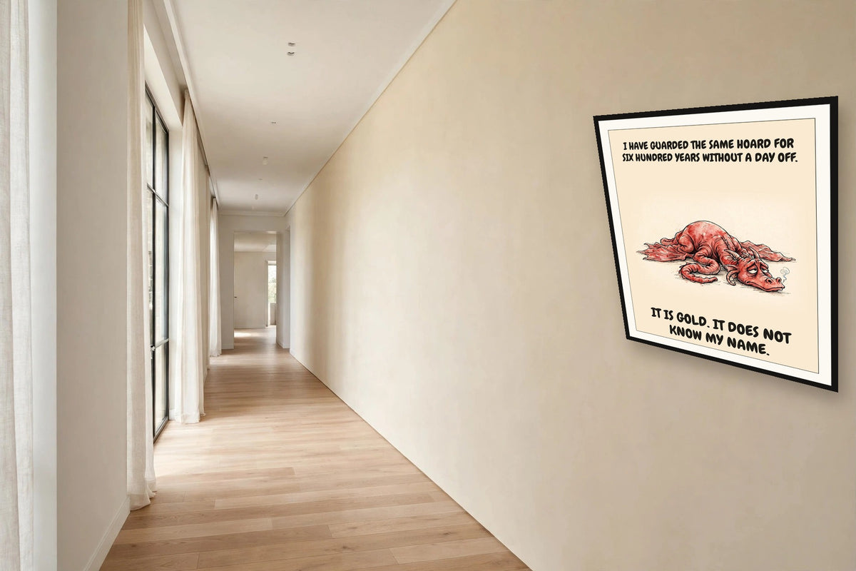 The same print shown hanging in an office — frame for display only, not included