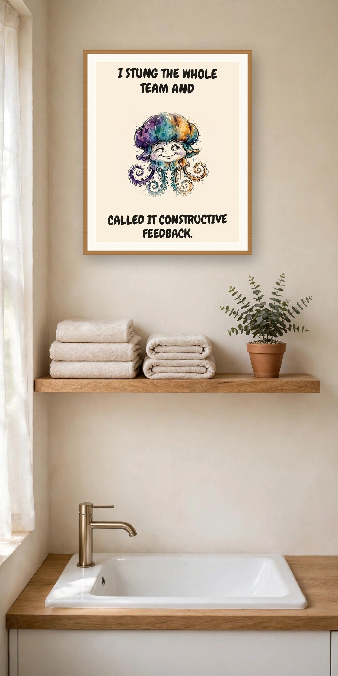 The same print shown hanging in an office — frame for display only, not included