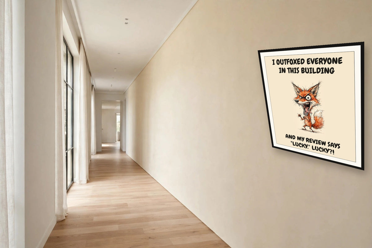 The same print shown hanging in an office — frame for display only, not included