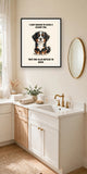 Lifestyle display mockup — frame not included. Unbothered Bernese Mountain Dog art print.