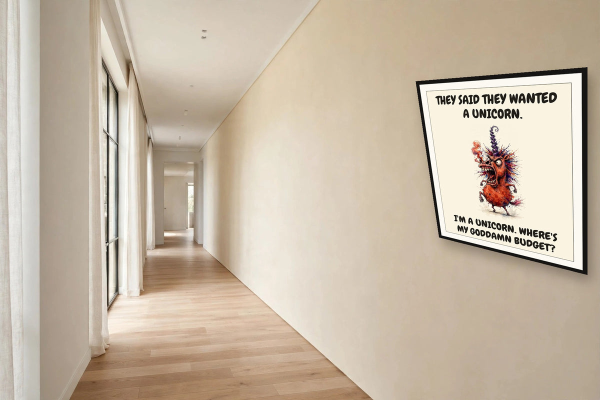 The same print shown hanging in an office — frame for display only, not included