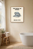 The same print shown hanging in a bathroom — frame for display only, not included
