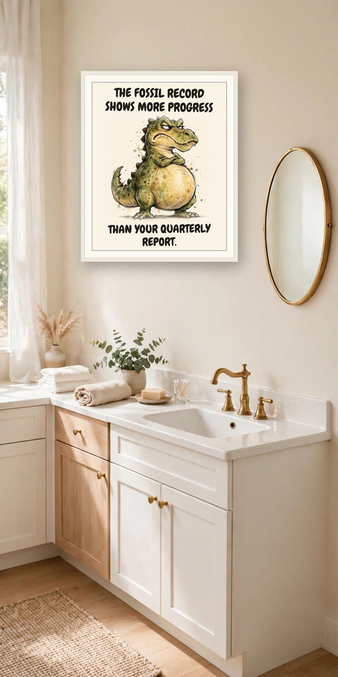 The same print shown hanging in an office — frame for display only, not included