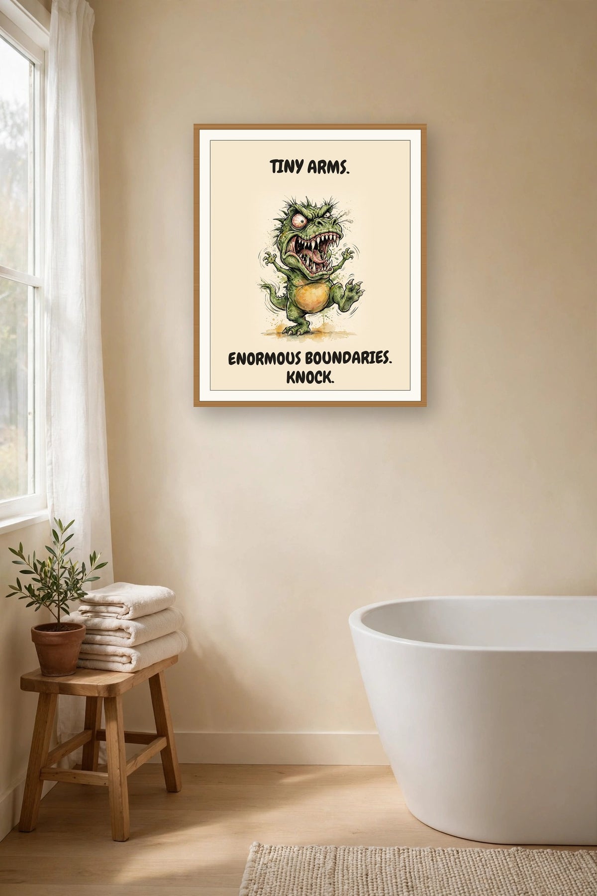 The same print shown hanging in a bathroom — frame for display only, not included