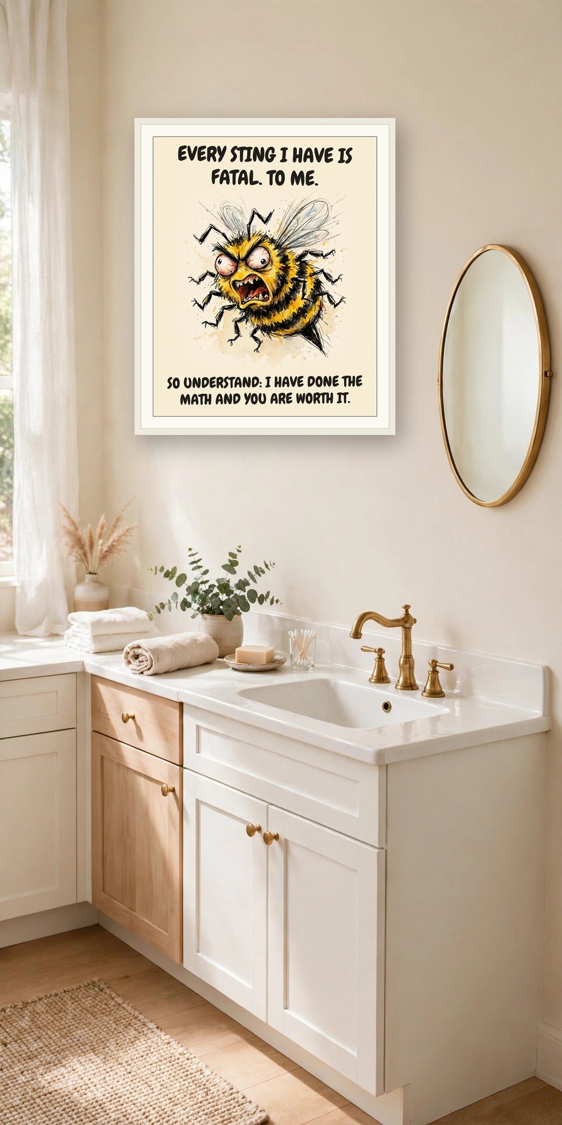 The same print shown hanging in an office — frame for display only, not included