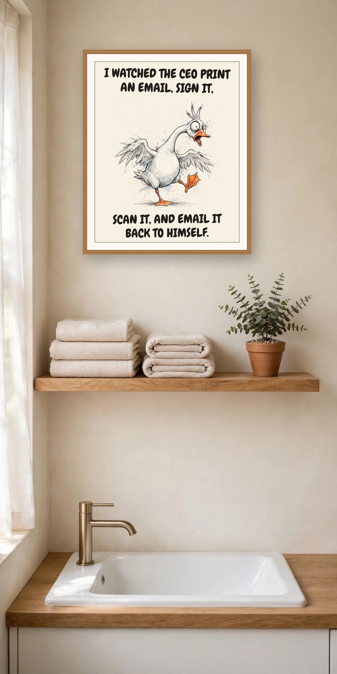 The same print shown hanging in an office — frame for display only, not included