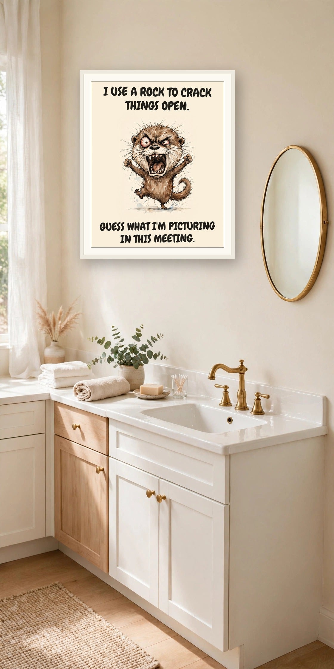 The same print shown hanging in an office — frame for display only, not included
