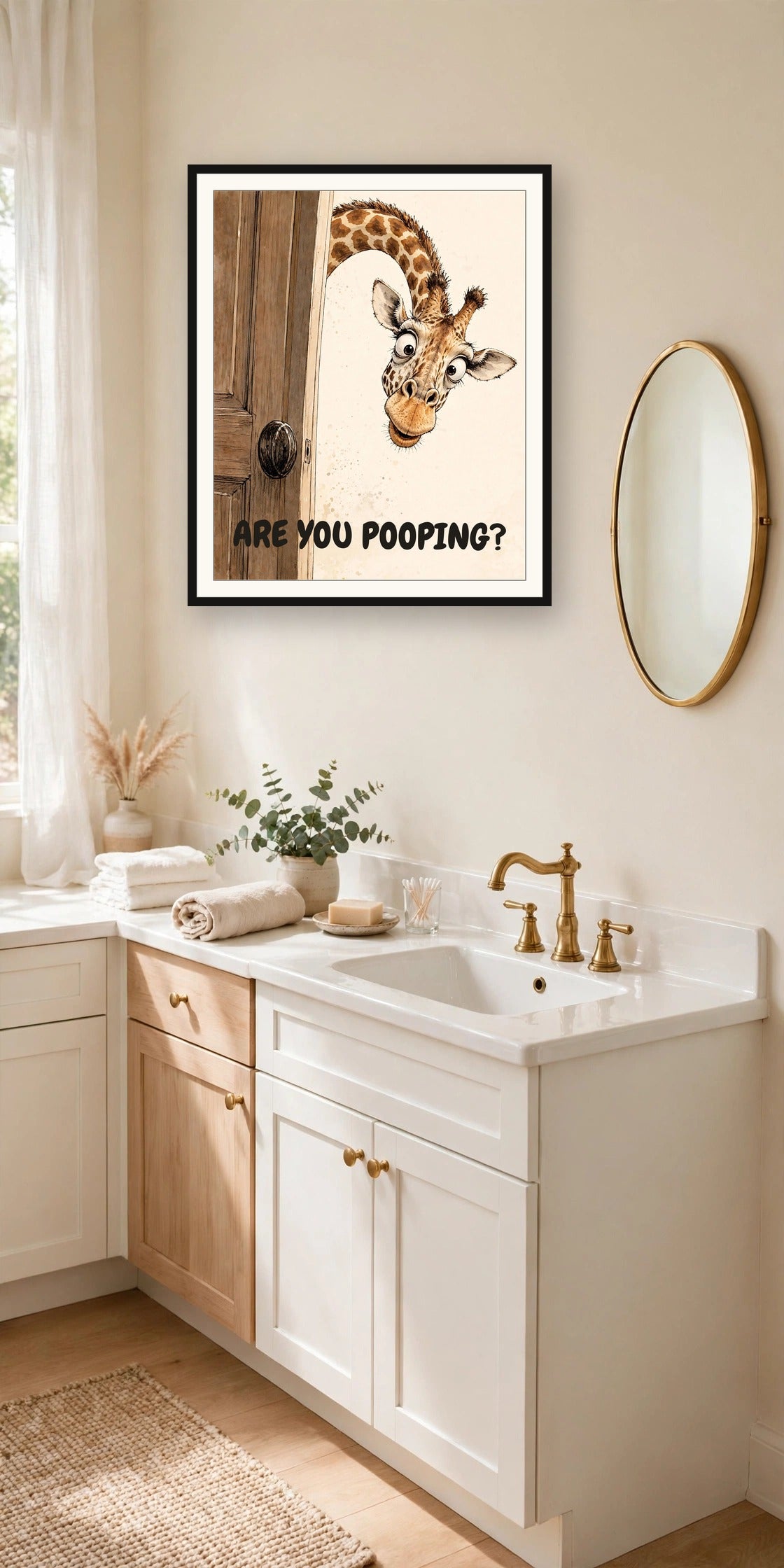 The same print shown hanging in a bathroom — frame for display only, not included