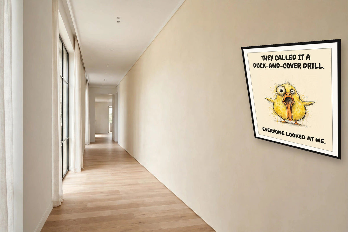 The same print shown hanging in an office — frame for display only, not included