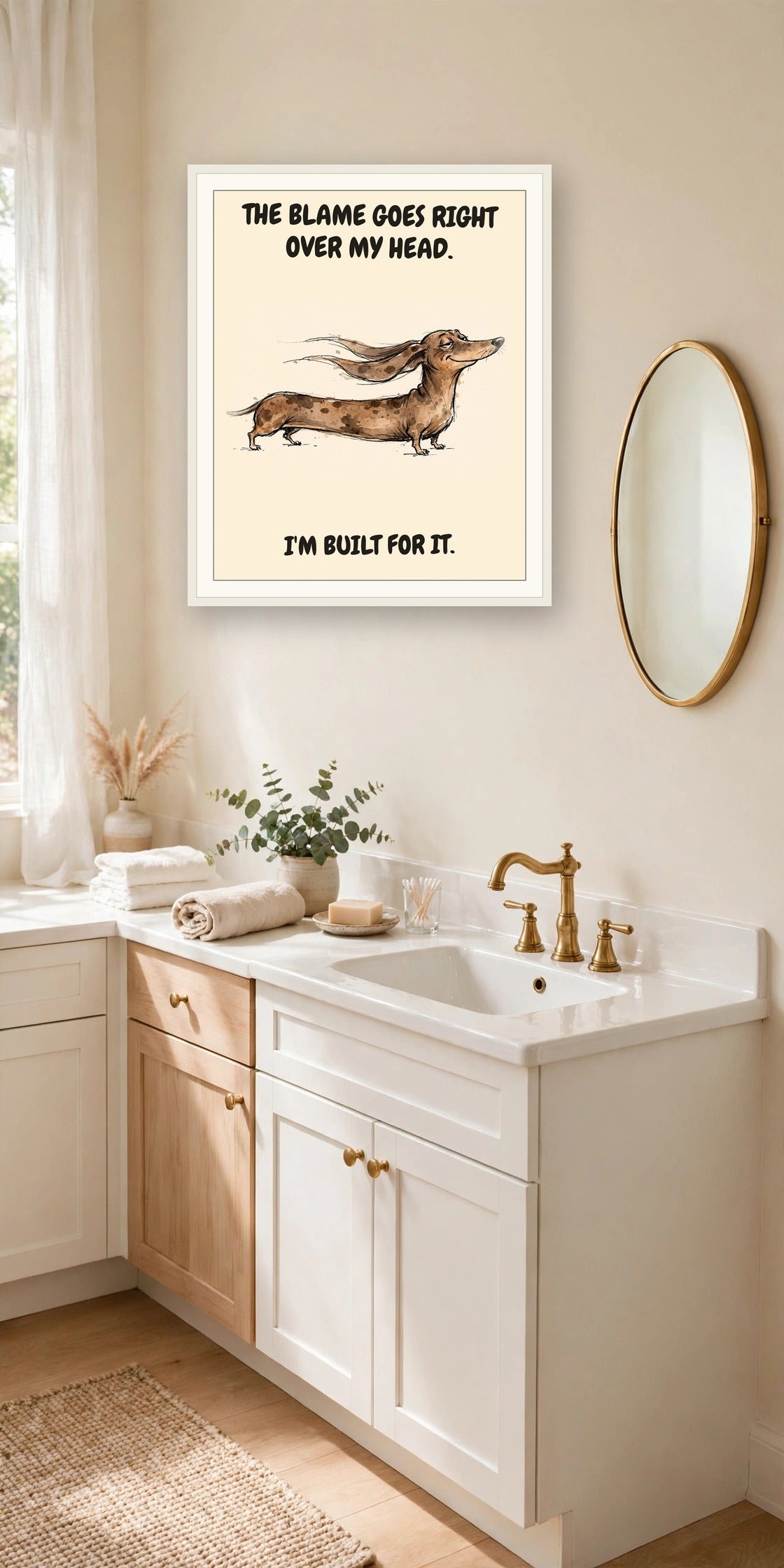 The same print shown hanging in an office — frame for display only, not included