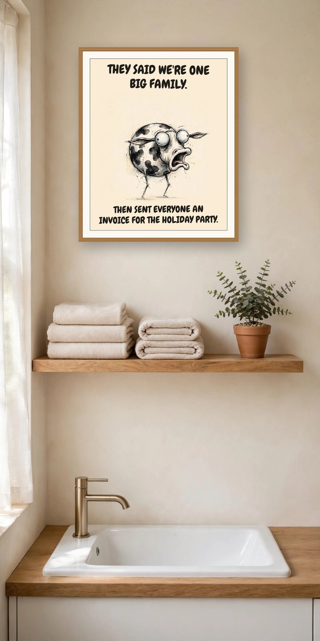 The same print shown hanging in an office — frame for display only, not included
