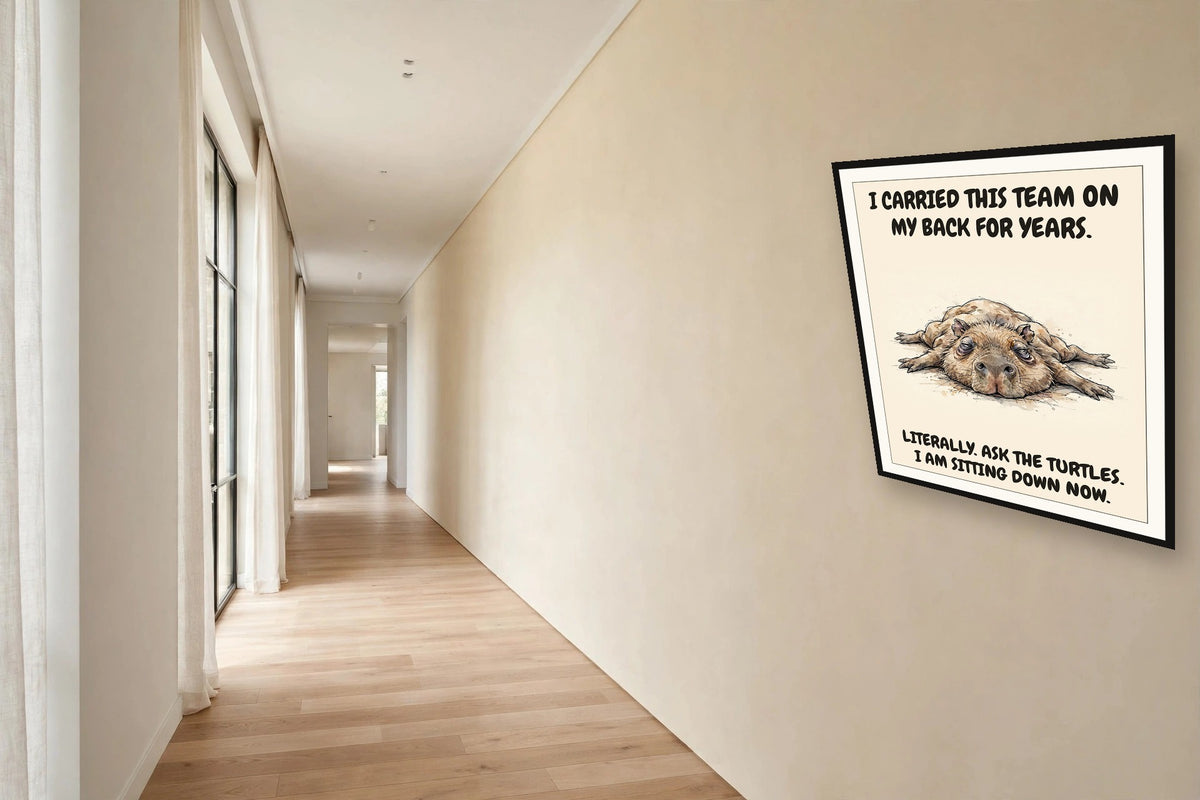 The same print shown hanging in an office — frame for display only, not included