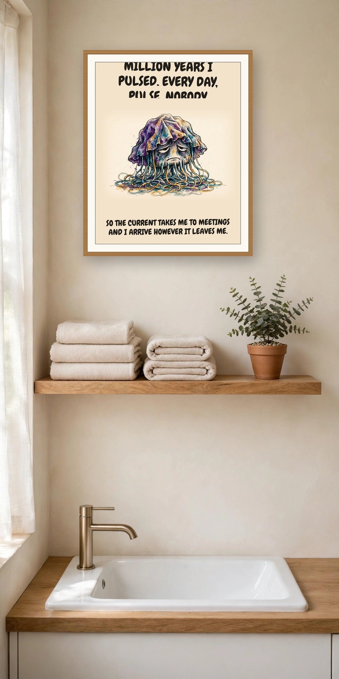 The same print shown hanging in an office — frame for display only, not included