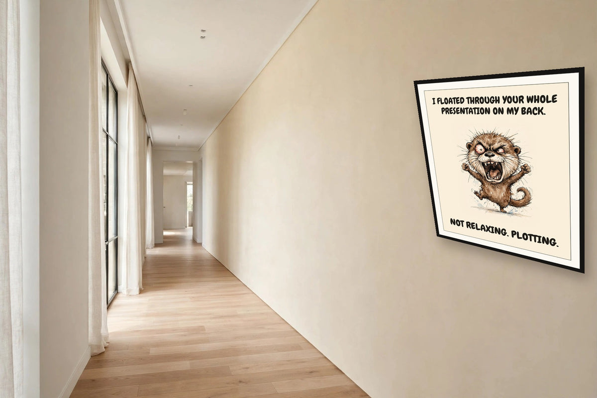 The same print shown hanging in an office — frame for display only, not included