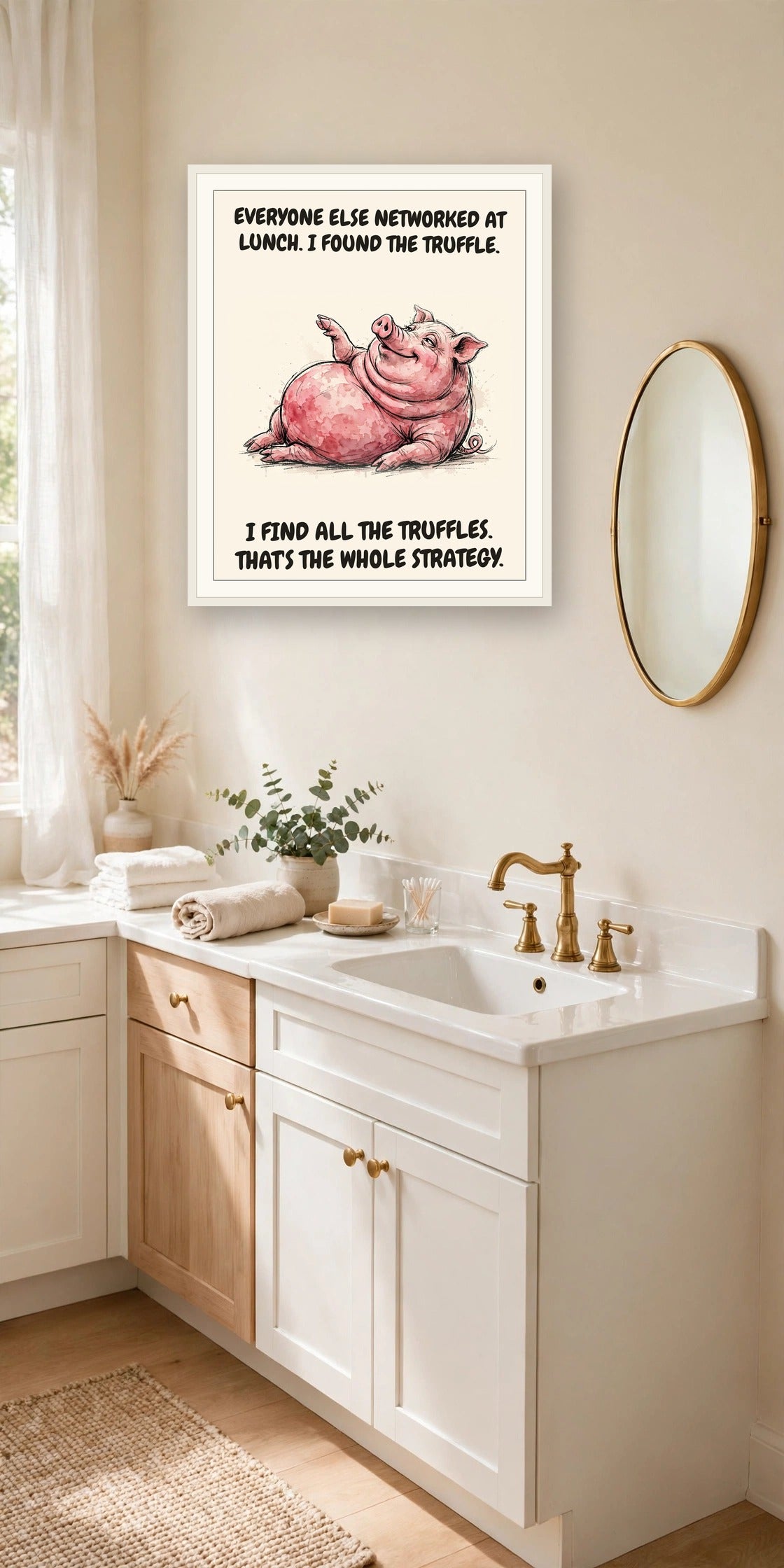 The same print shown hanging in an office — frame for display only, not included
