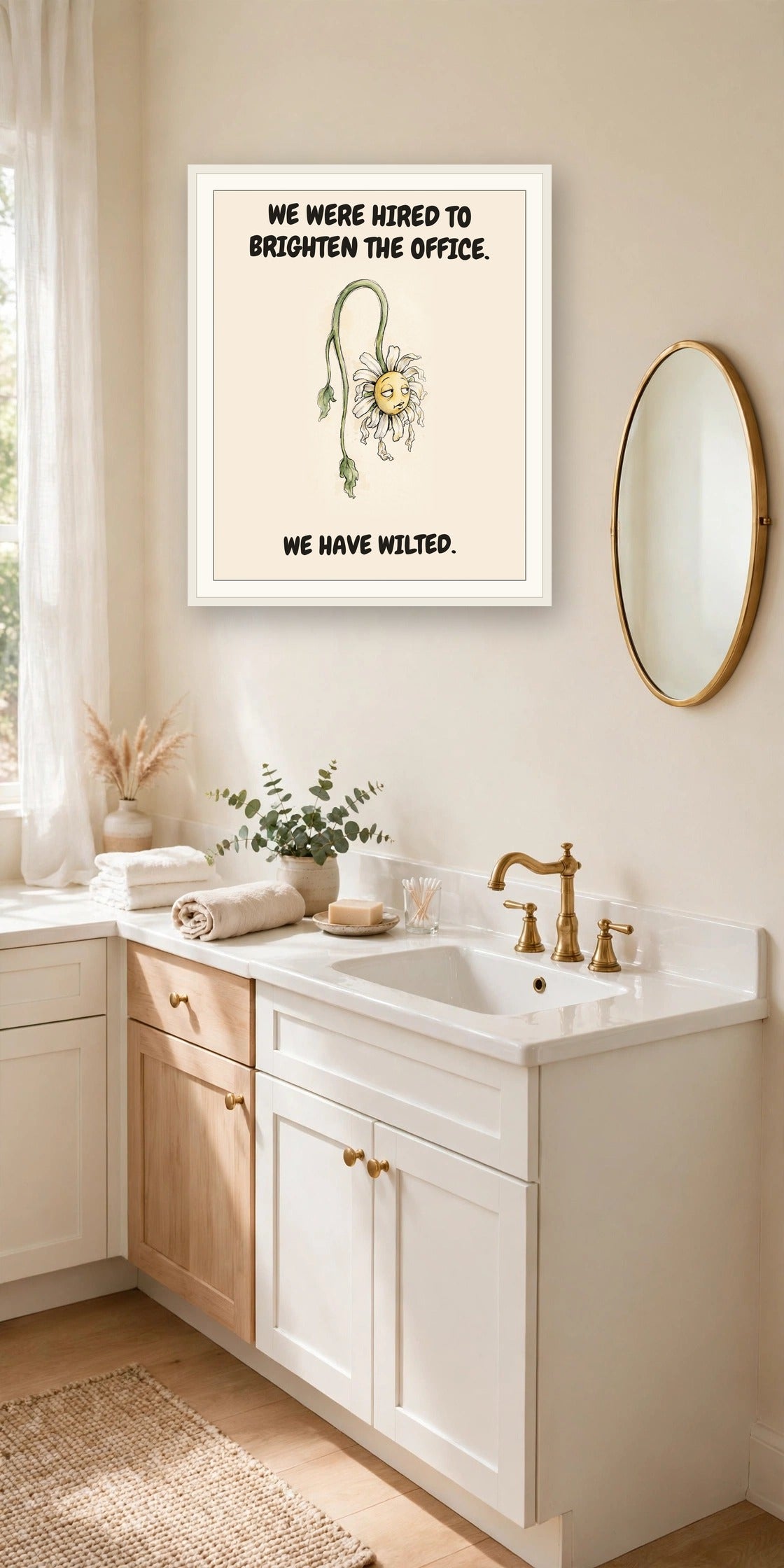 The same print shown hanging in an office — frame for display only, not included