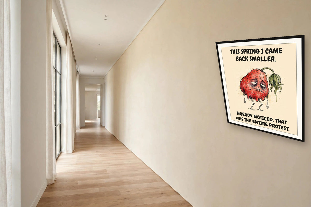 The same print shown hanging in an office — frame for display only, not included