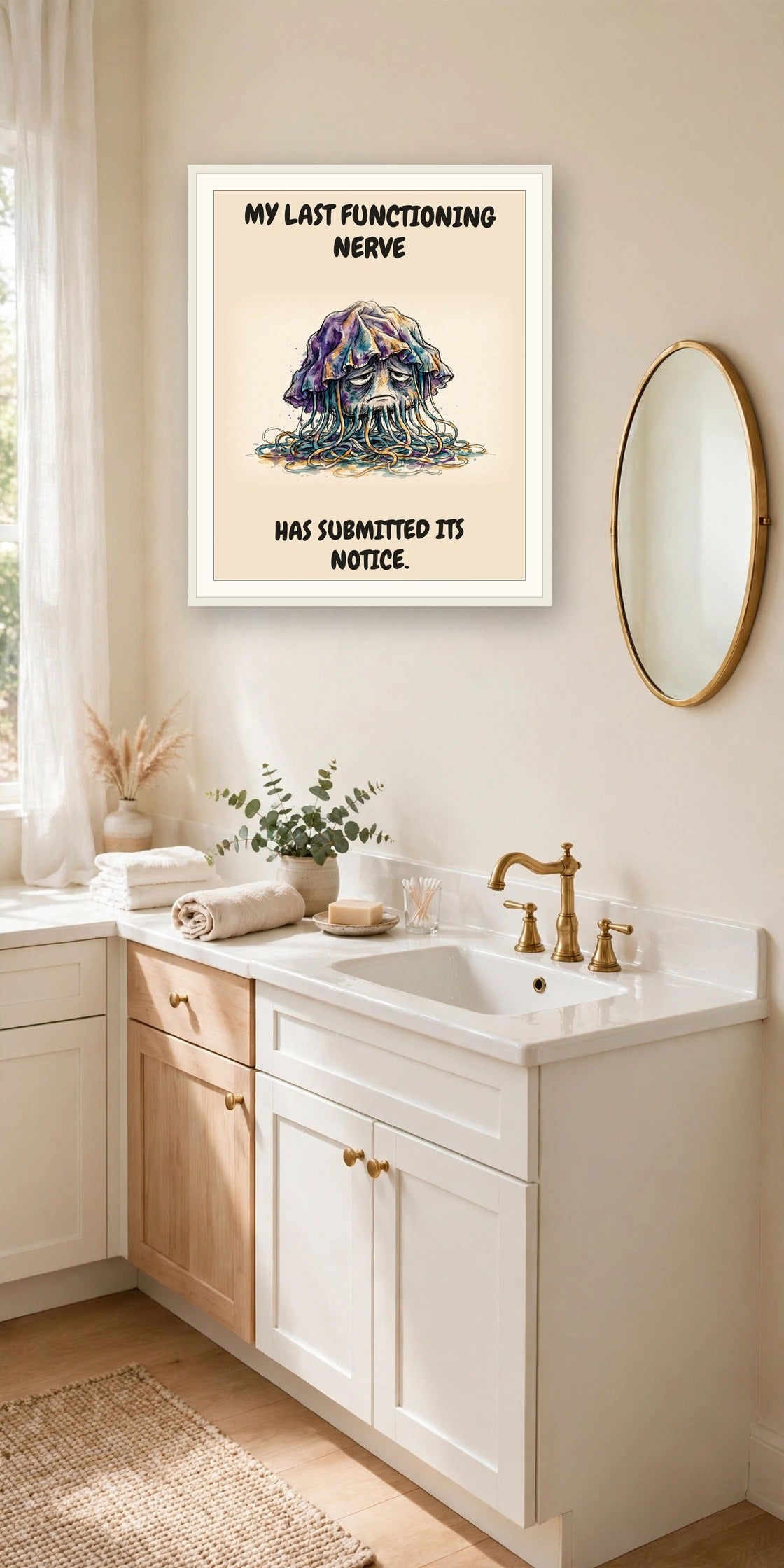 The same print shown hanging in an office — frame for display only, not included