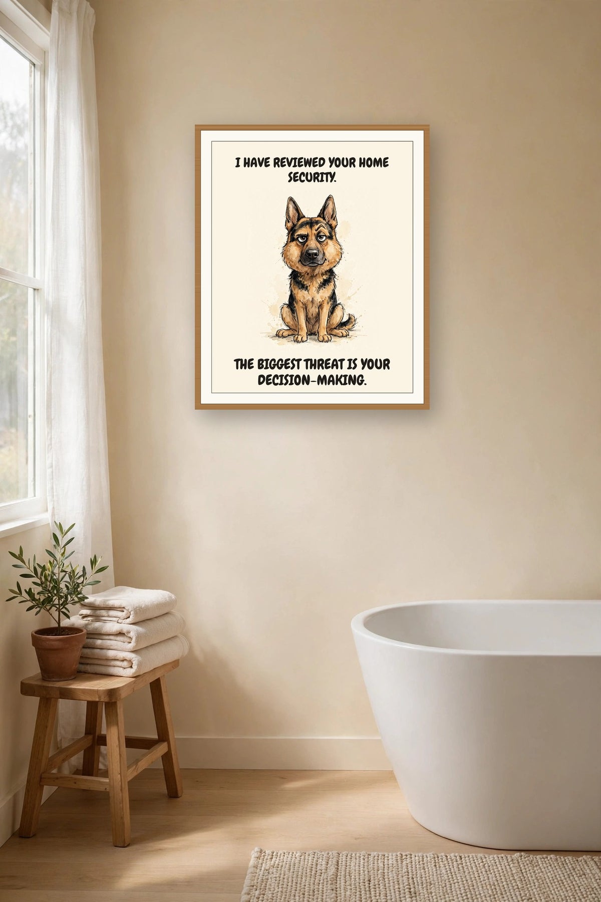 Lifestyle display mockup — frame not included. Judgmental German Shepherd art print.