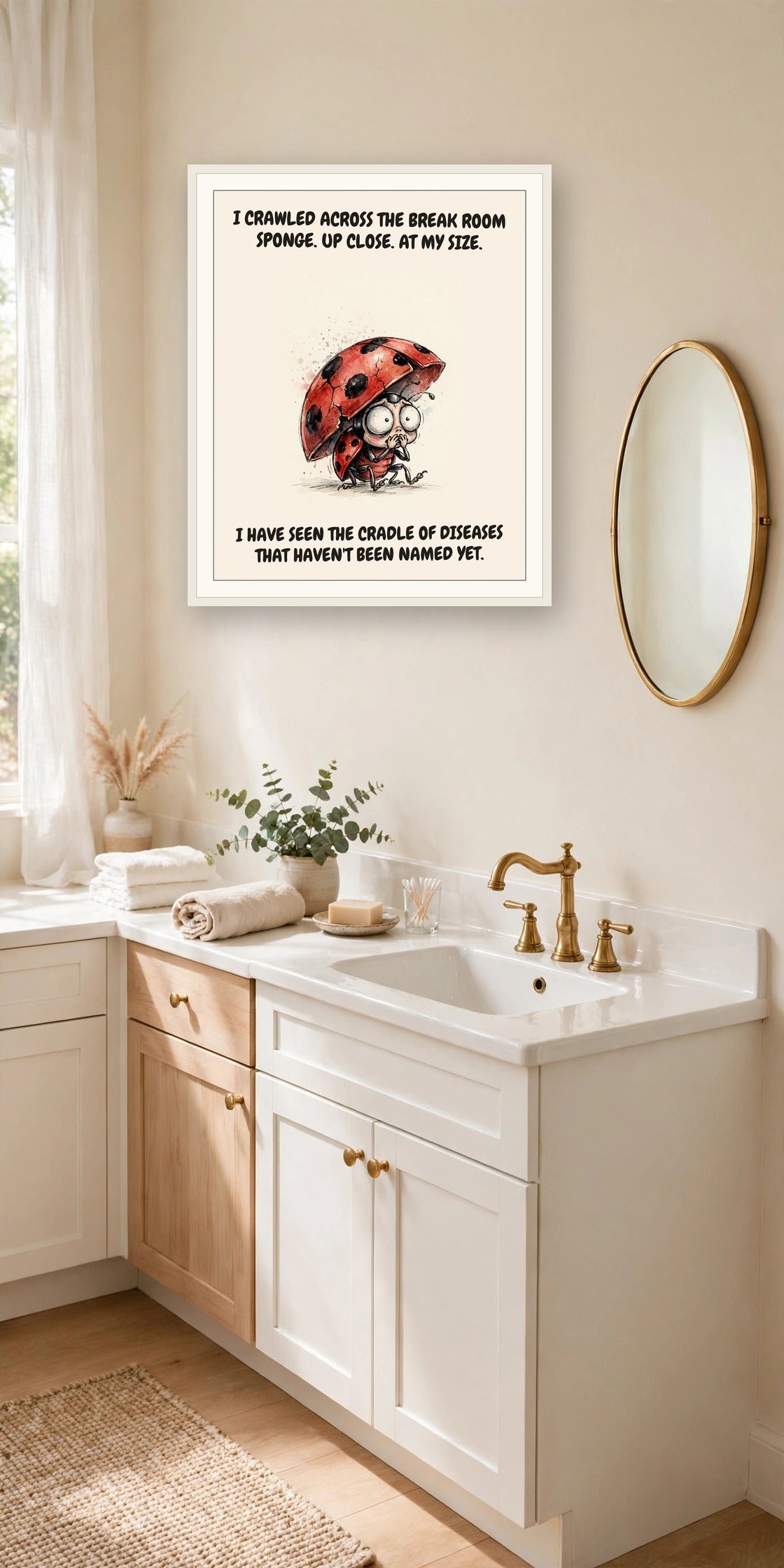 The same print shown hanging in an office — frame for display only, not included