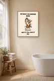 The same print shown hanging in a bathroom — frame for display only, not included