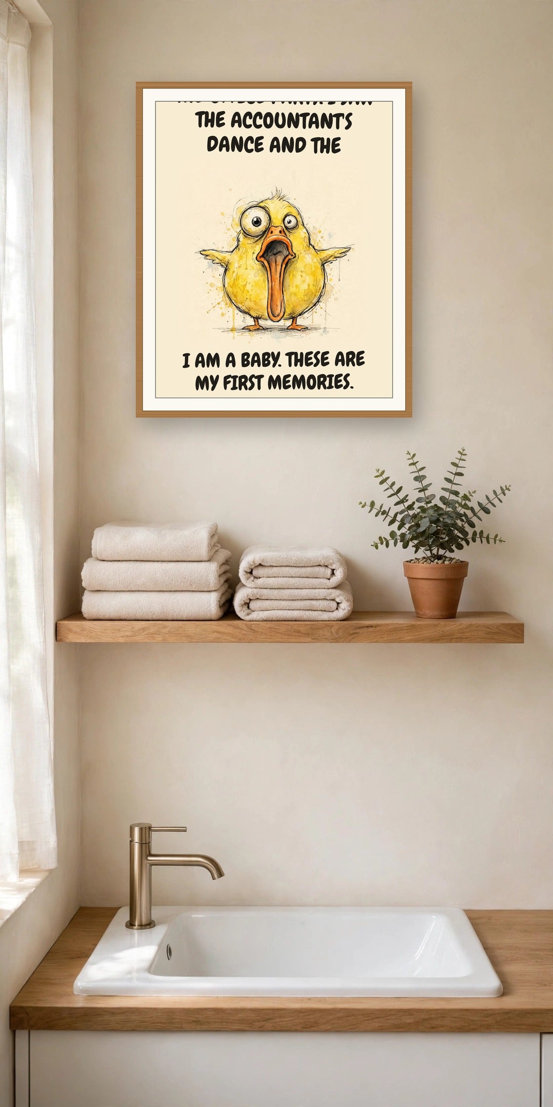 The same print shown hanging in an office — frame for display only, not included
