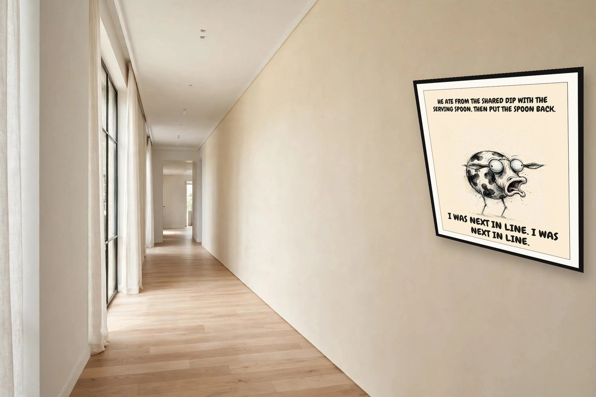 The same print shown hanging in an office — frame for display only, not included