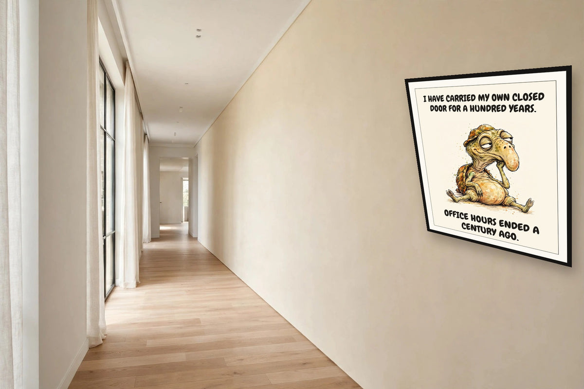 The same print shown hanging in an office — frame for display only, not included
