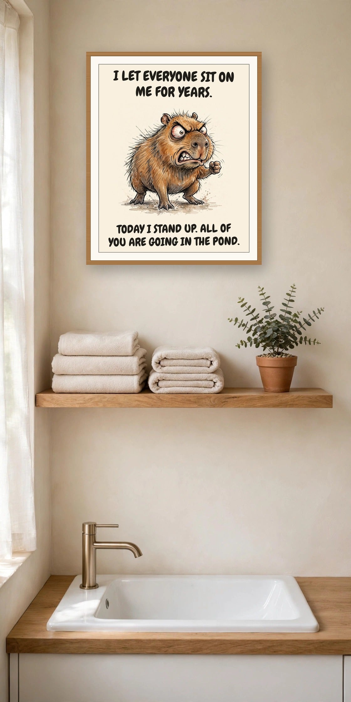 The same print shown hanging in an office — frame for display only, not included
