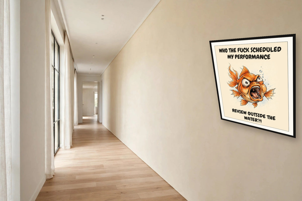 The same print shown hanging in an office — frame for display only, not included