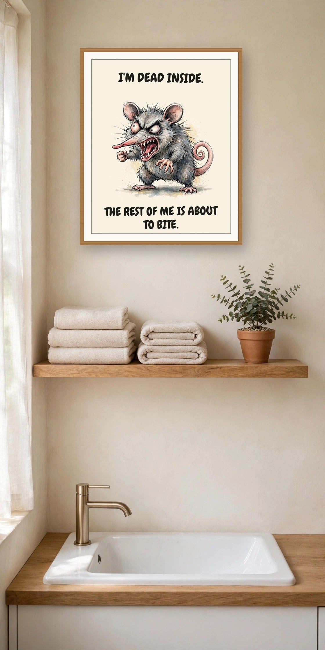 The same print shown hanging in an office — frame for display only, not included