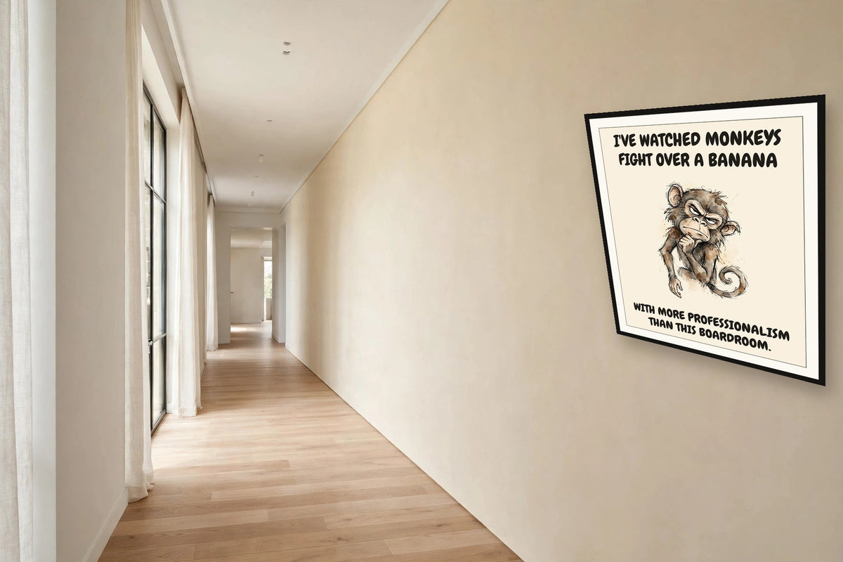 The same print shown hanging in an office — frame for display only, not included