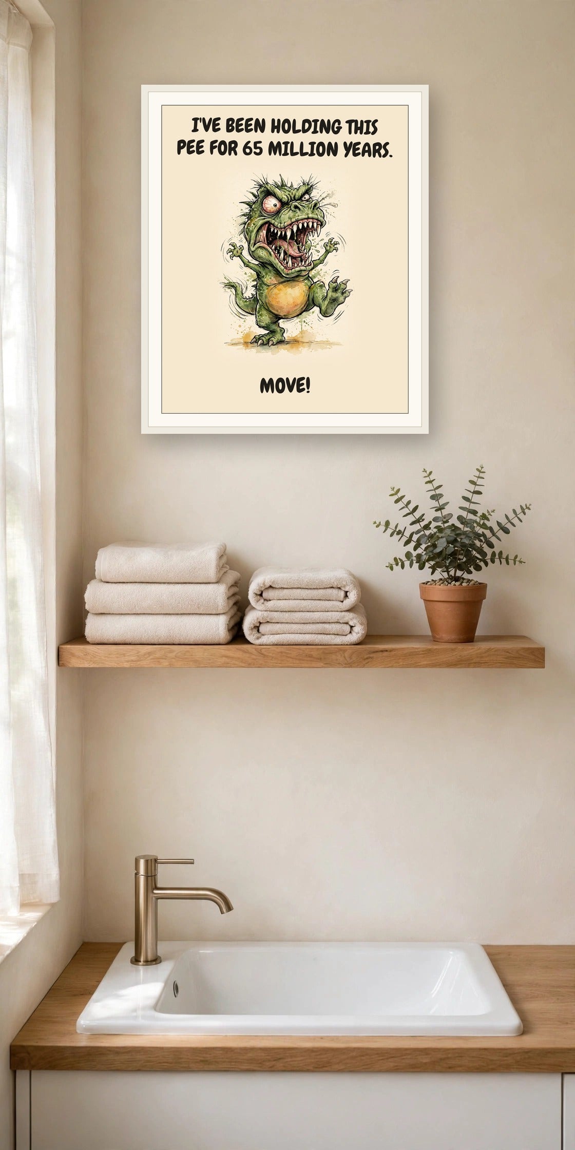 The same print shown hanging in a bathroom — frame for display only, not included