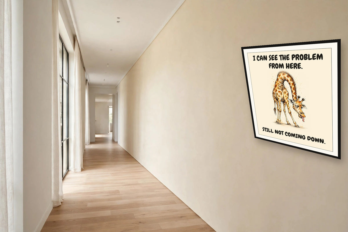 The same print shown hanging in an office — frame for display only, not included