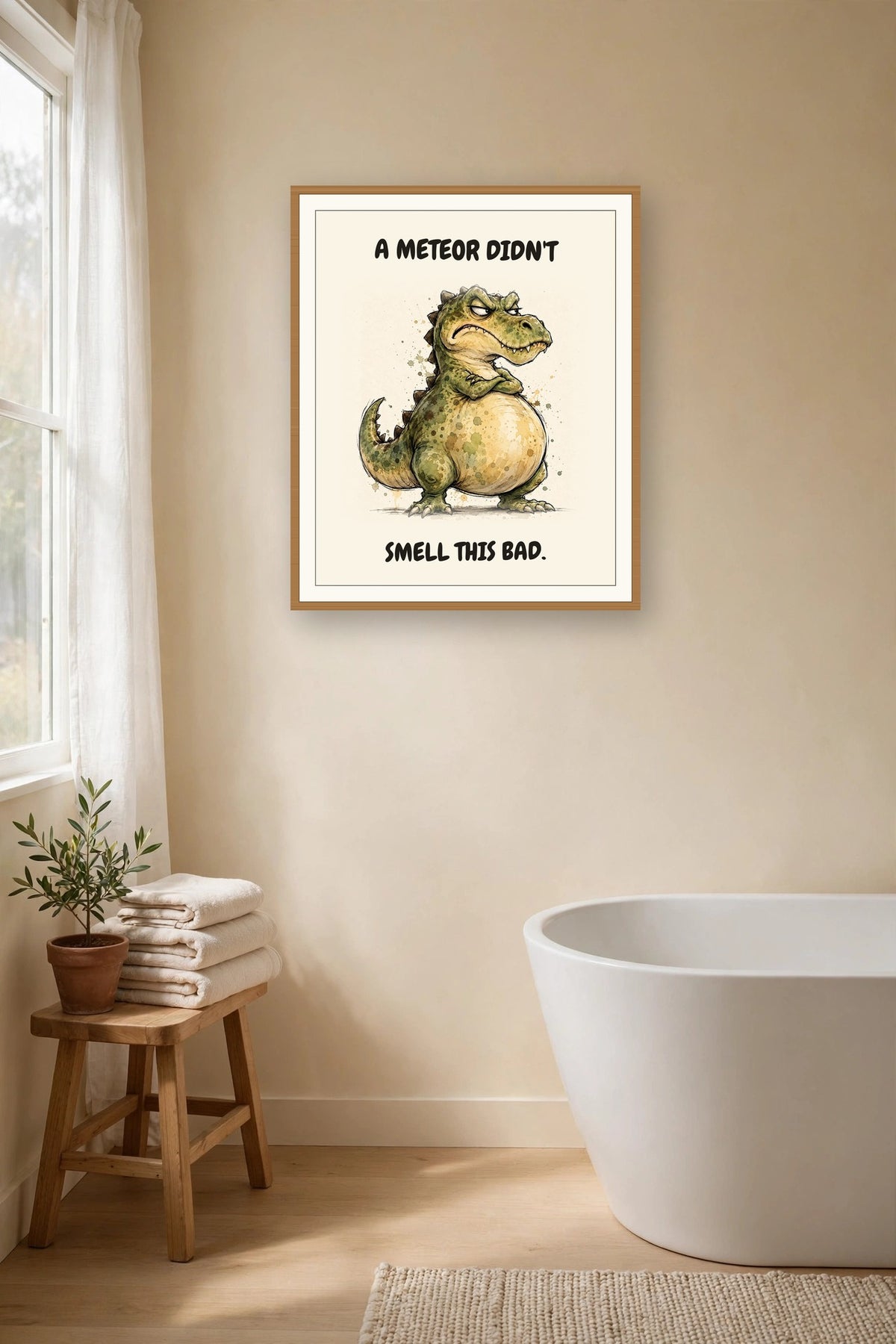 The same print shown hanging in a bathroom — frame for display only, not included