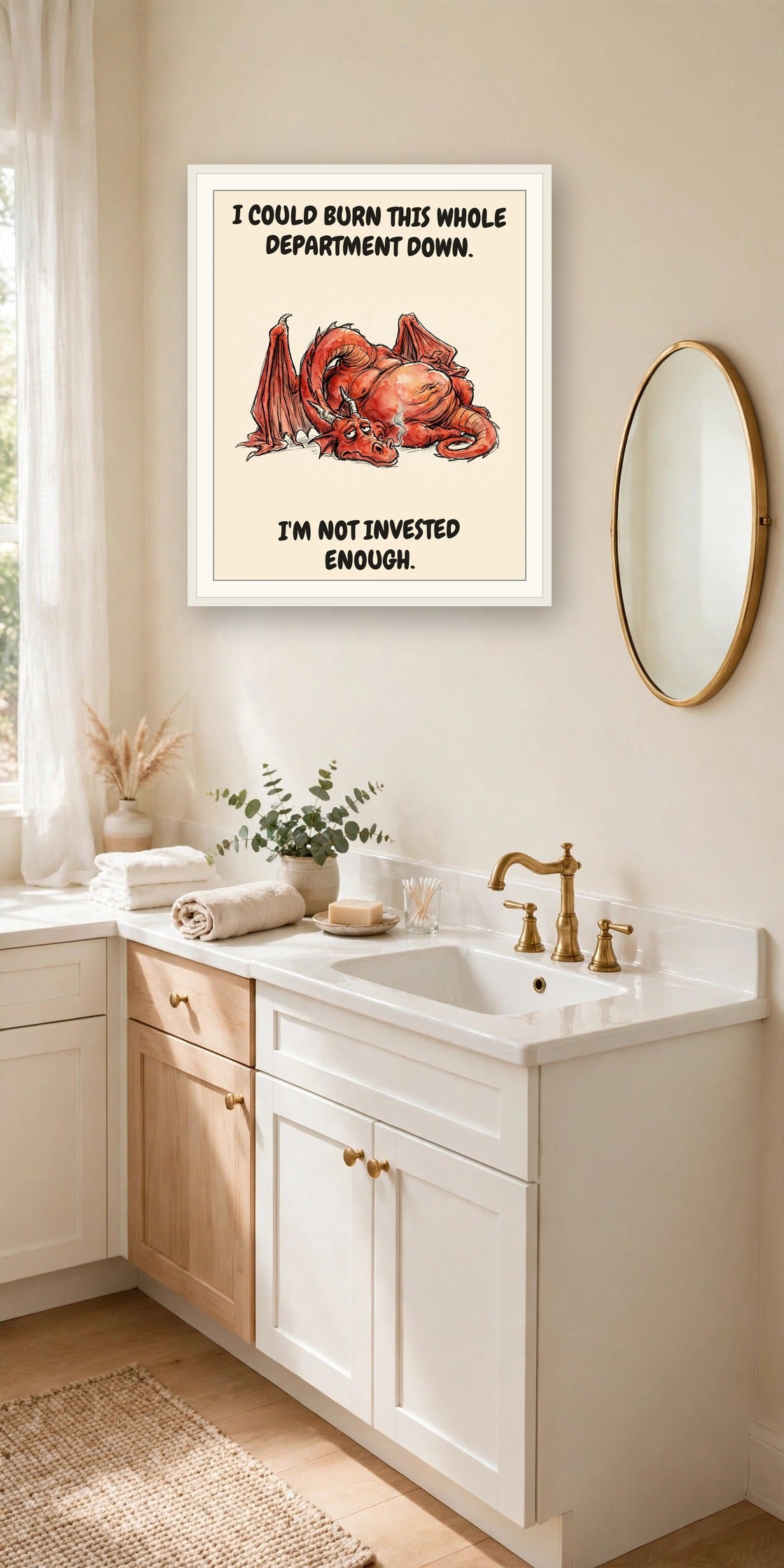The same print shown hanging in an office — frame for display only, not included
