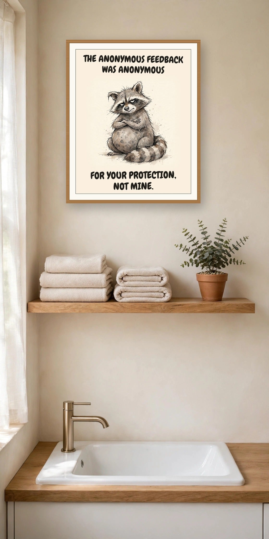 The same print shown hanging in an office — frame for display only, not included