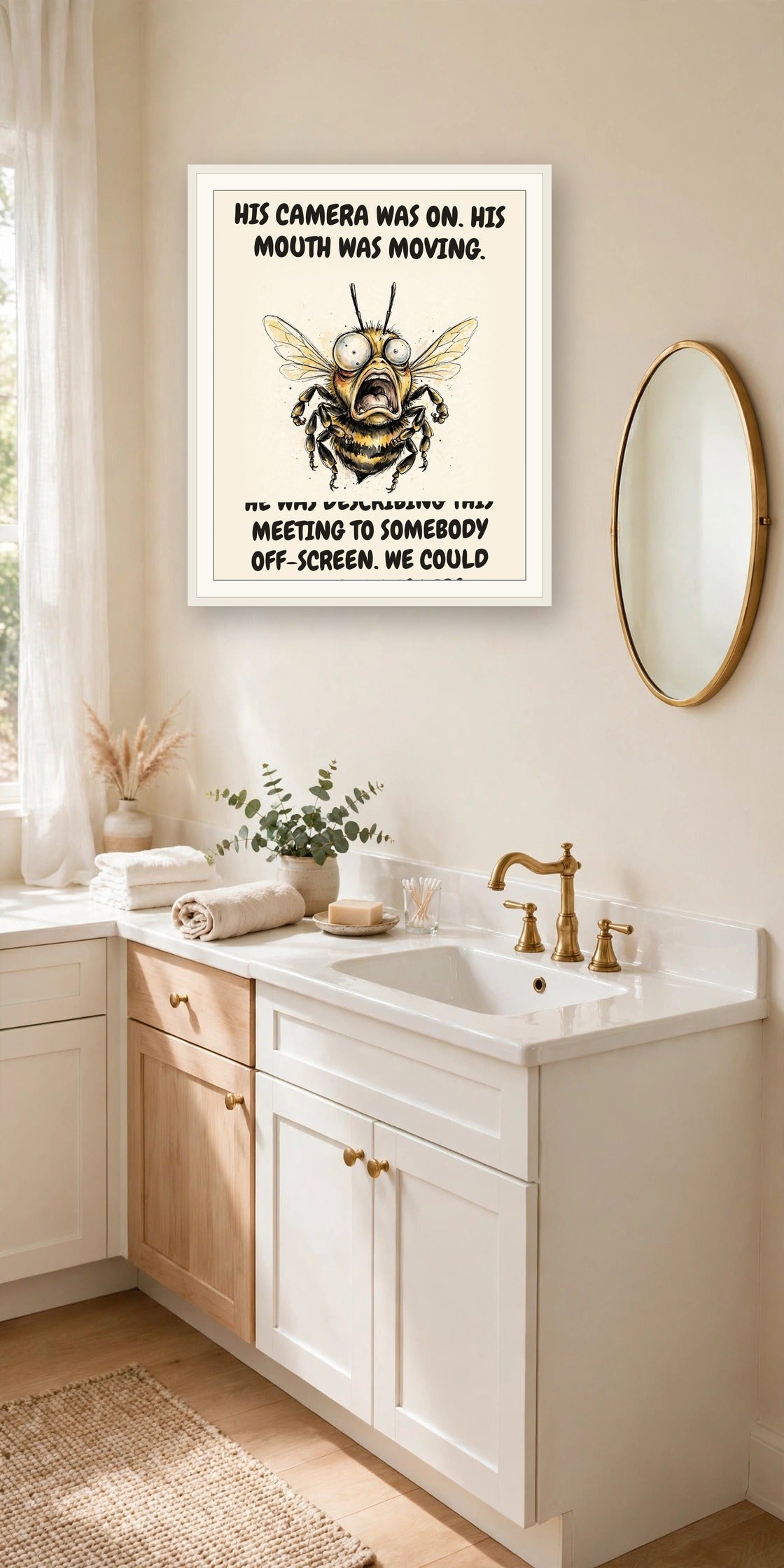 The same print shown hanging in an office — frame for display only, not included