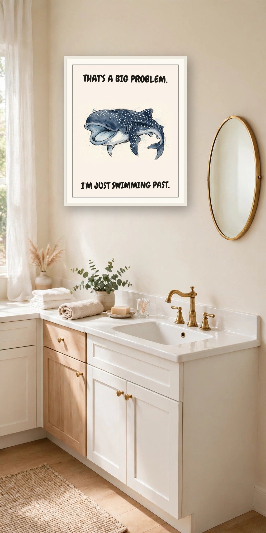 The same print shown hanging in an office — frame for display only, not included
