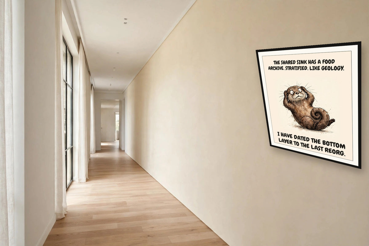 The same print shown hanging in an office — frame for display only, not included